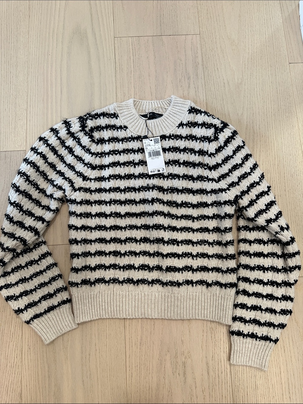MANGO Striped Fuzzy Knit Sweater in Cream and Black